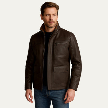 VogeLuxe | Men’s Zip Up Leather Jacket with Stand Collar