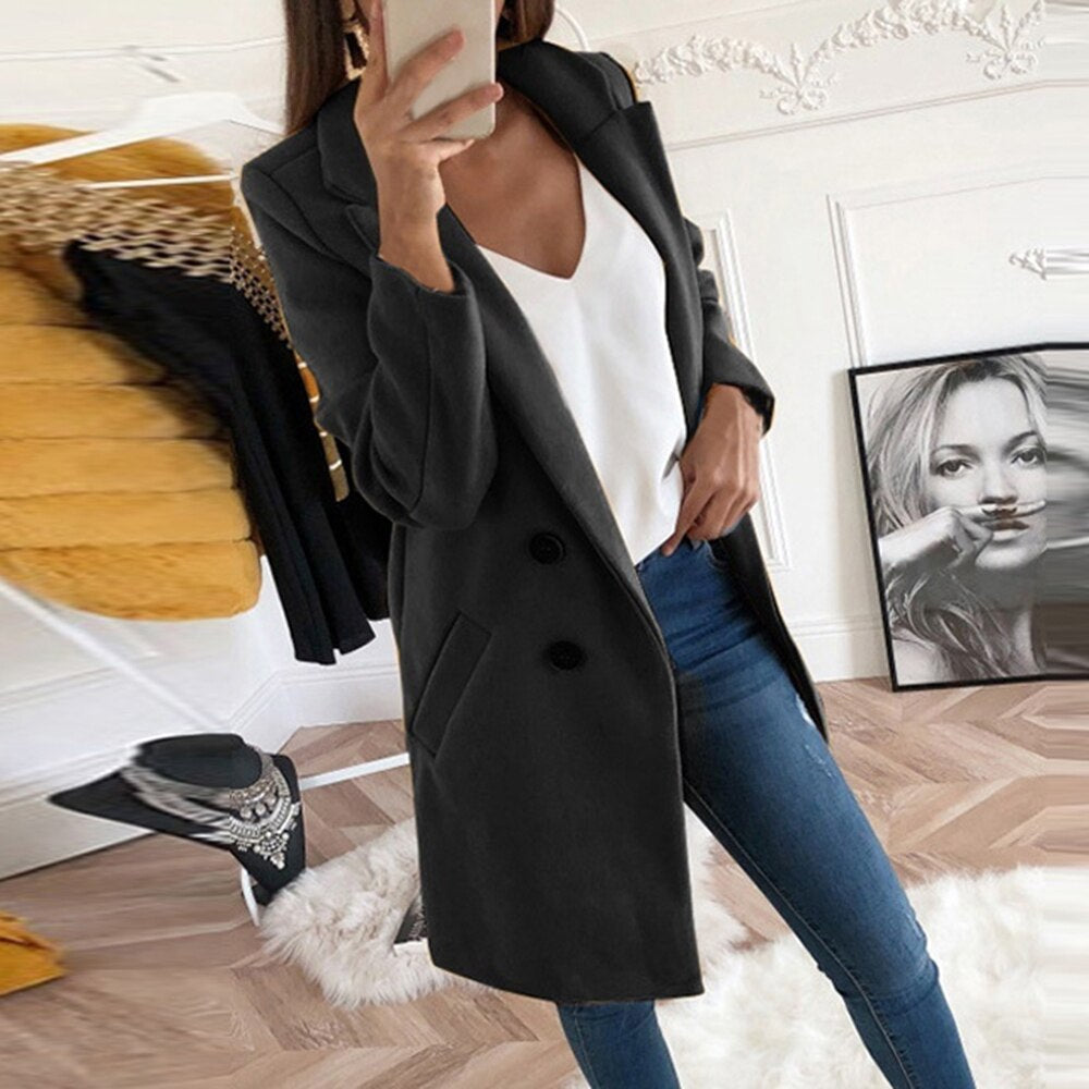 Donne Lungo Caldo Blazer Invernale Doppio Petto