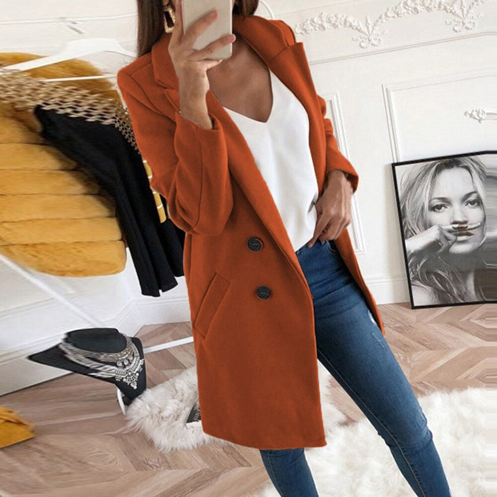 Donne Lungo Caldo Blazer Invernale Doppio Petto