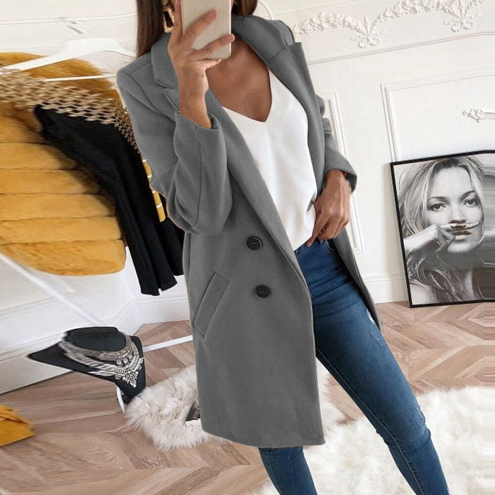 Donne Lungo Caldo Blazer Invernale Doppio Petto