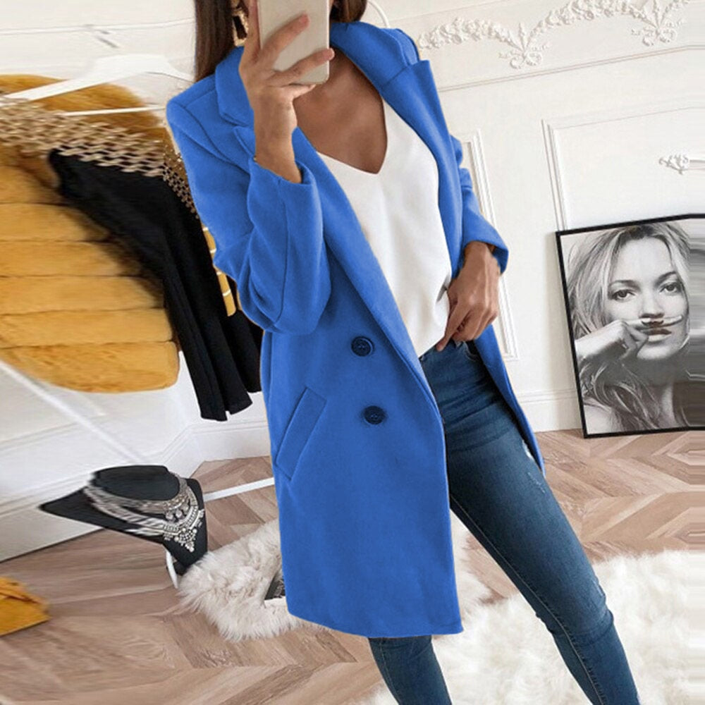 Donne Lungo Caldo Blazer Invernale Doppio Petto