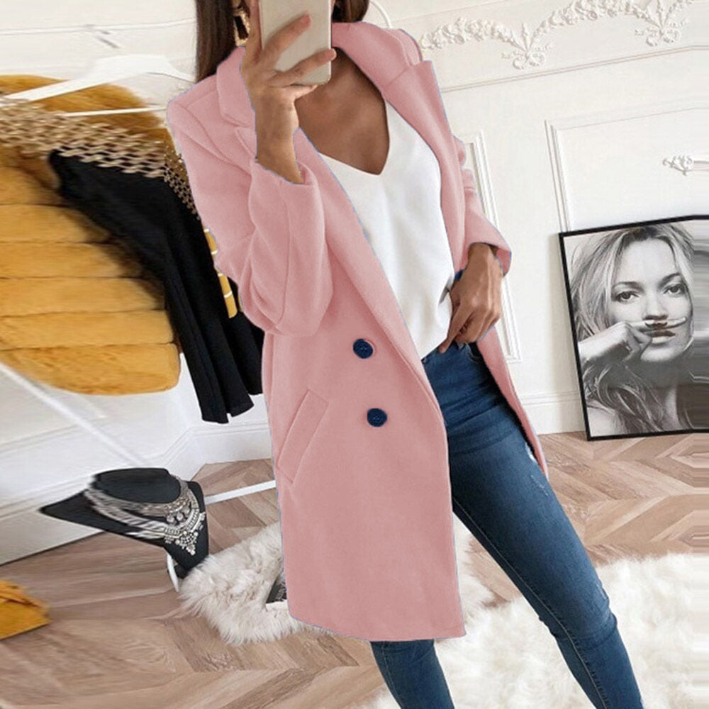 Donne Lungo Caldo Blazer Invernale Doppio Petto