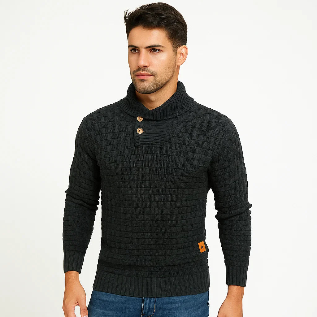 VogeLuxe | Men’s Textured Shawl Collar Button Pullover Sweater