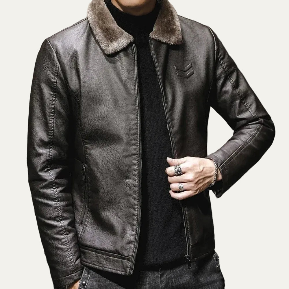 VogeLuxe | Men’s Leather Flight Style Shearling Collar Jacket
