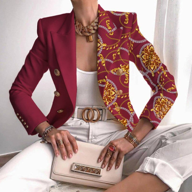 Chic Women's Off-Center Jacket with Metallic Chain Pattern - BritishElegance