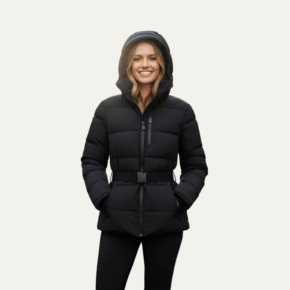 VogeLuxe | Women’s Metallic Belted Puffer Jacket With Hood