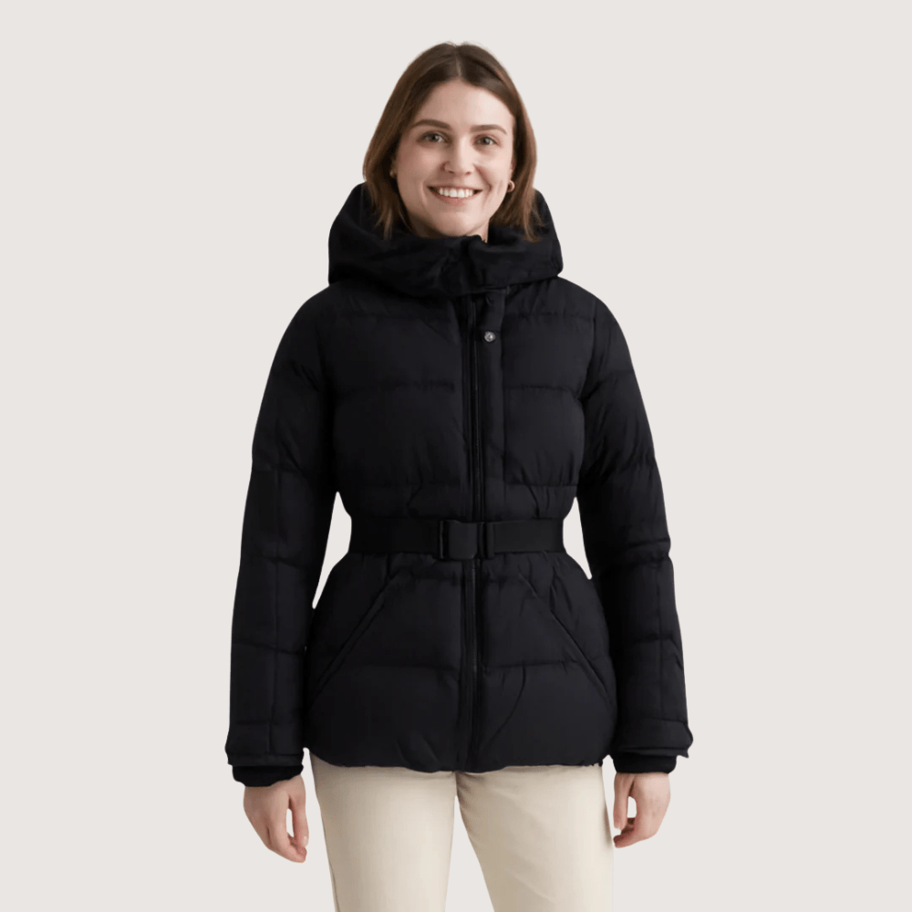 VogeLuxe | Women’s Metallic Belted Puffer Jacket With Hood