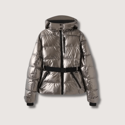 VogeLuxe | Women’s Metallic Belted Puffer Jacket With Hood