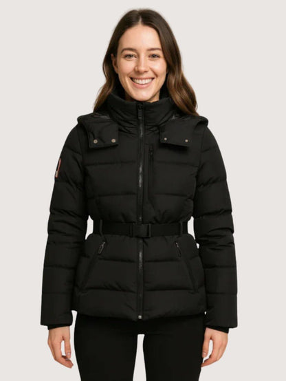 VogeLuxe | Women’s Belted Quilted Puffer Jacket With Detachable Hood