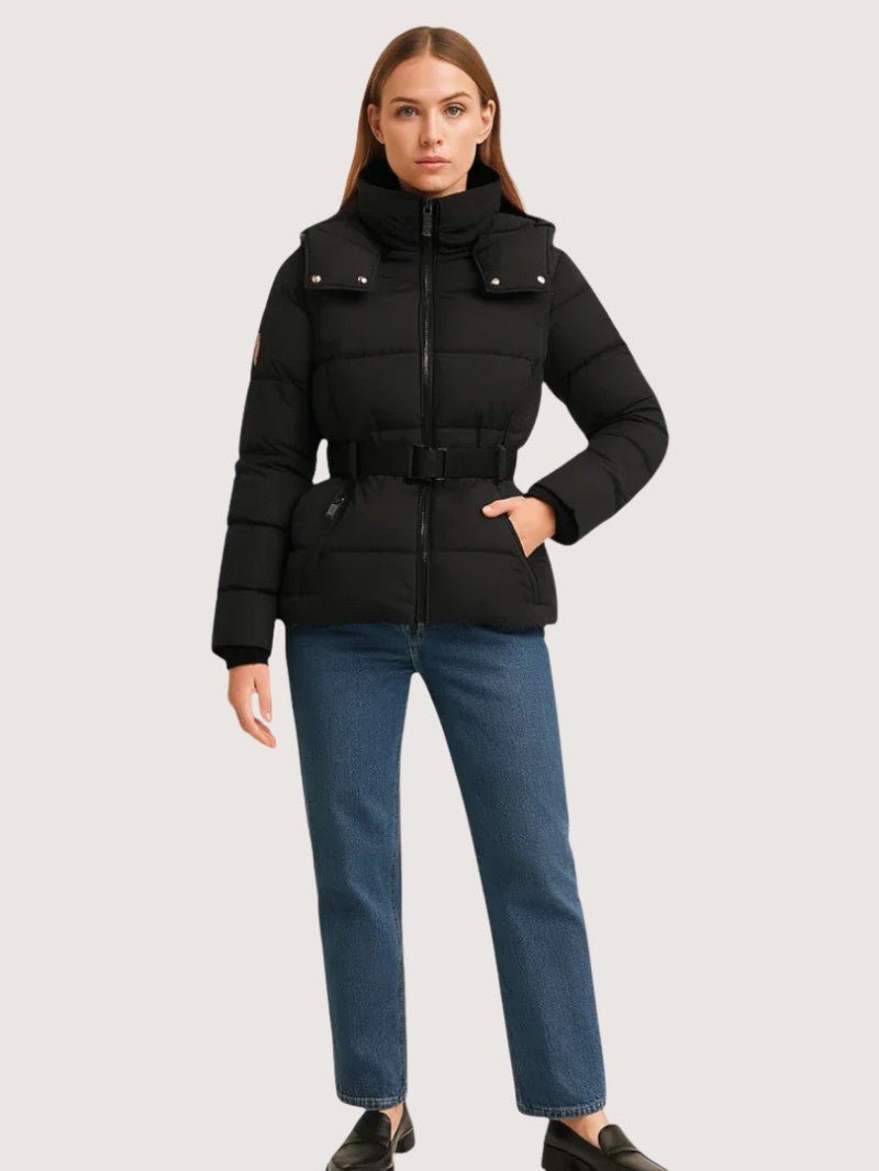 VogeLuxe | Women’s Belted Quilted Puffer Jacket With Detachable Hood