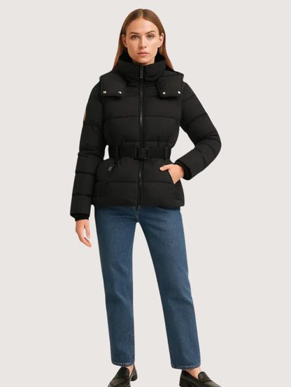 VogeLuxe | Women’s Belted Quilted Puffer Jacket With Detachable Hood