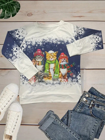VogeLuxe | Women’s Holiday Cat Graphic Crewneck Sweatshirt