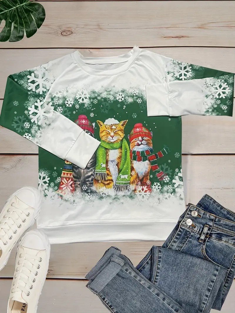 VogeLuxe | Women’s Holiday Cat Graphic Crewneck Sweatshirt