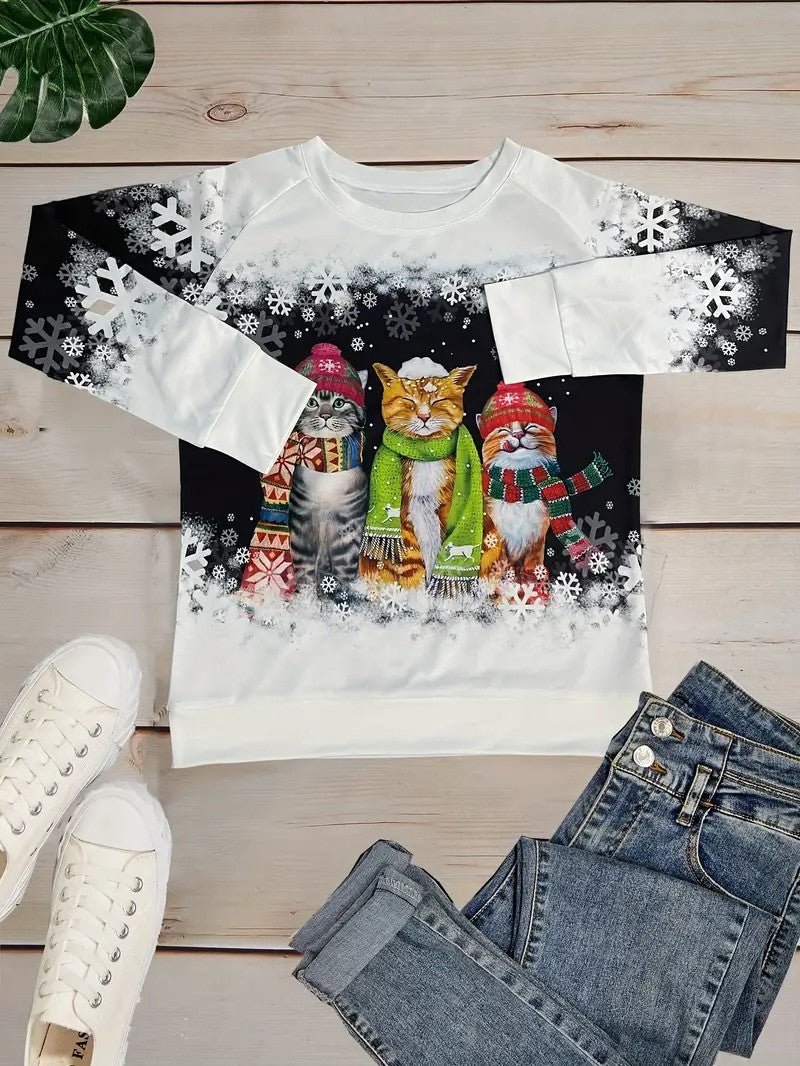 VogeLuxe | Women’s Holiday Cat Graphic Crewneck Sweatshirt