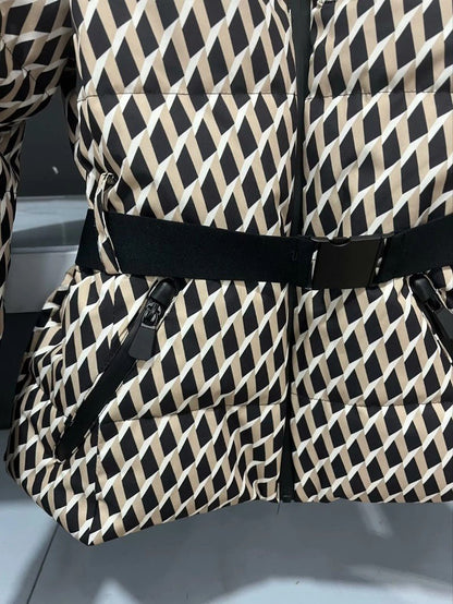 VogeLuxe | Women’s Geometric Belted Puffer Jacket With Hood