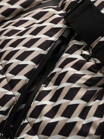 VogeLuxe | Women’s Geometric Belted Puffer Jacket With Hood