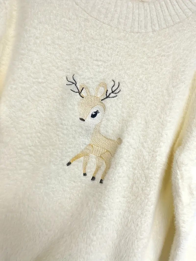 VogeLuxe | Women’s Fuzzy Knit Deer Embroidered Sweater