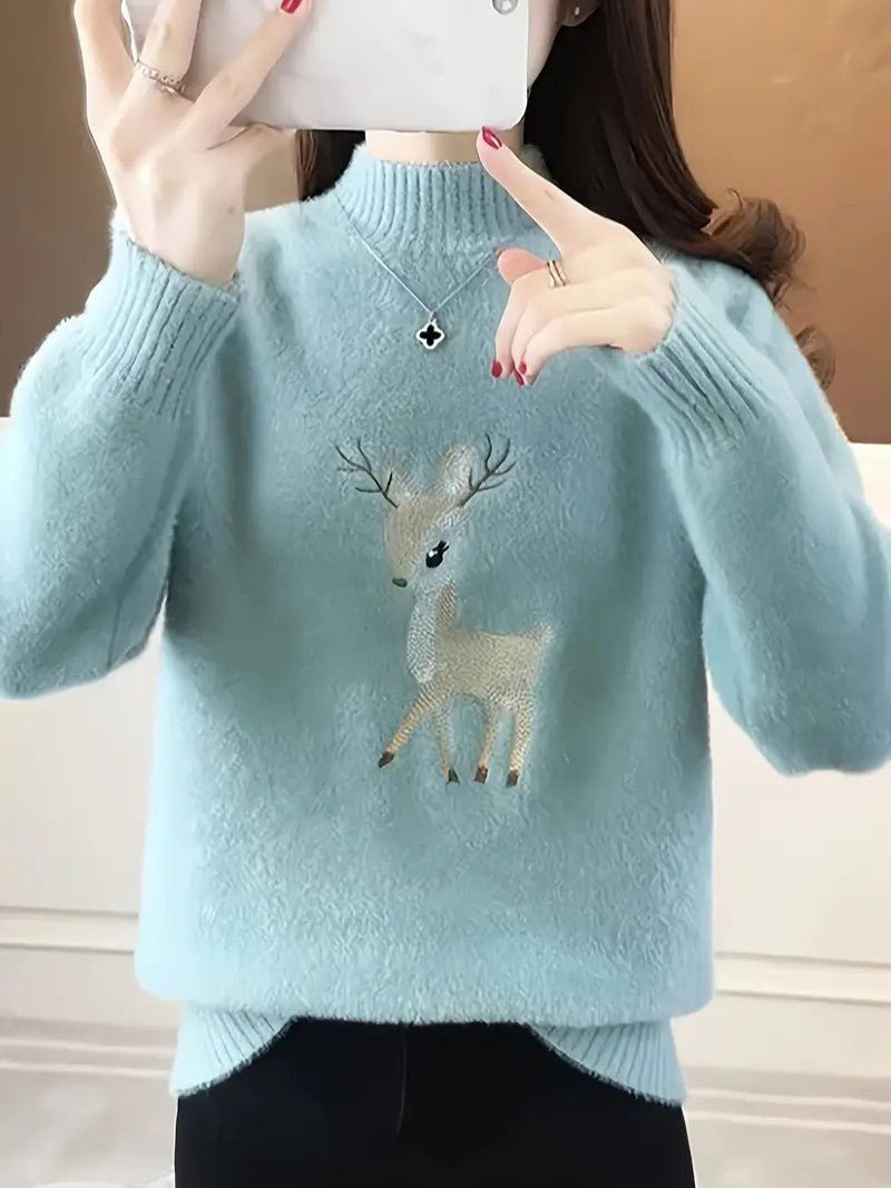 VogeLuxe | Women’s Fuzzy Knit Deer Embroidered Sweater