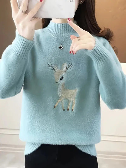 VogeLuxe | Women’s Fuzzy Knit Deer Embroidered Sweater