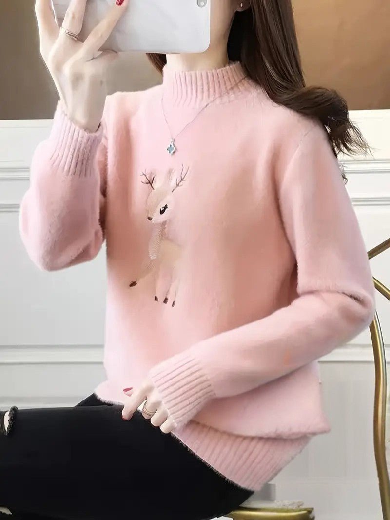 VogeLuxe | Women’s Fuzzy Knit Deer Embroidered Sweater
