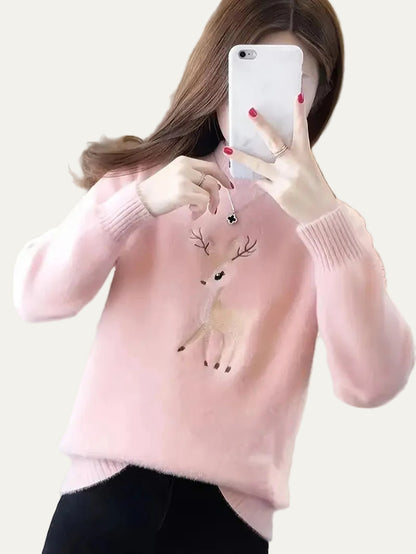 VogeLuxe | Women’s Fuzzy Knit Deer Embroidered Sweater