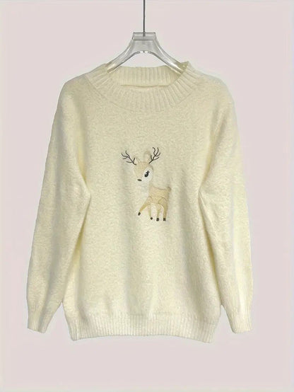 VogeLuxe | Women’s Fuzzy Knit Deer Embroidered Sweater