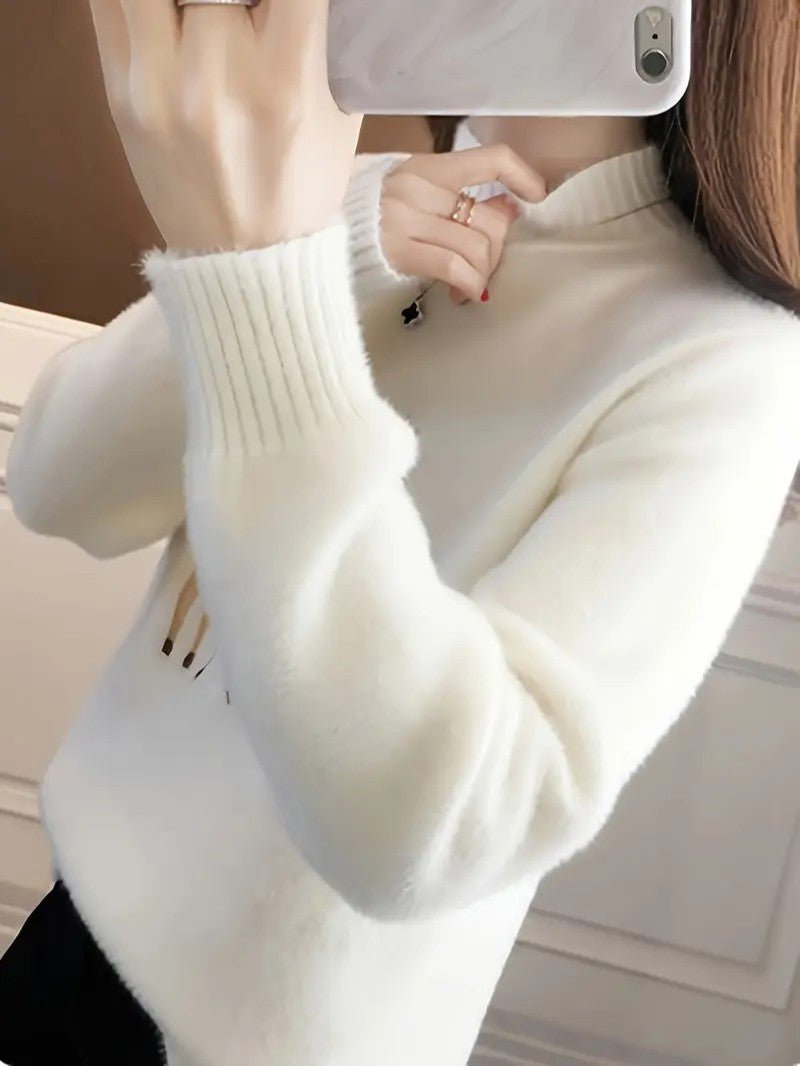 VogeLuxe | Women’s Fuzzy Knit Deer Embroidered Sweater