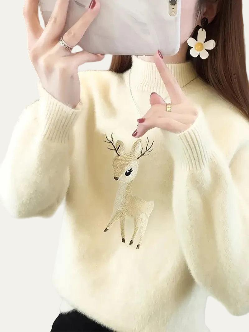 VogeLuxe | Women’s Fuzzy Knit Deer Embroidered Sweater