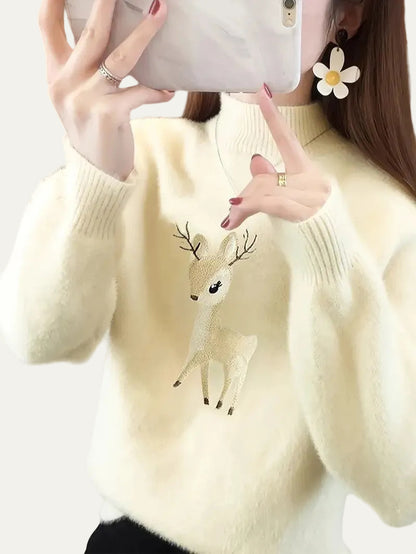 VogeLuxe | Women’s Fuzzy Knit Deer Embroidered Sweater
