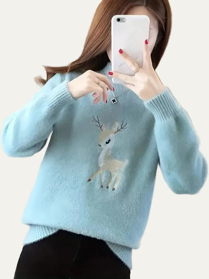 VogeLuxe | Women’s Fuzzy Knit Deer Embroidered Sweater