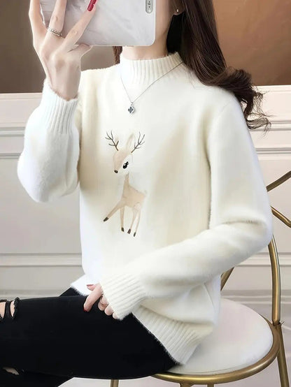 VogeLuxe | Women’s Fuzzy Knit Deer Embroidered Sweater