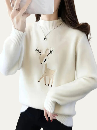 VogeLuxe | Women’s Fuzzy Knit Deer Embroidered Sweater